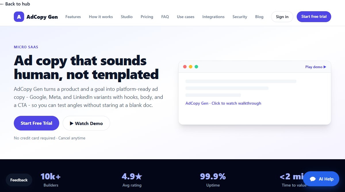 AdCopy Gen product homepage screenshot.