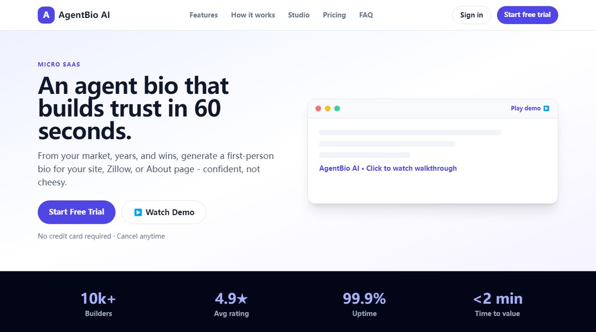 AgentBio AI product homepage screenshot.