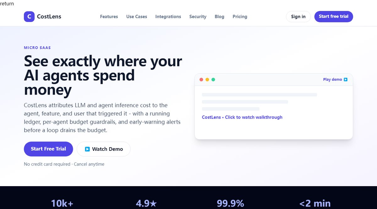 CostLens product homepage screenshot.