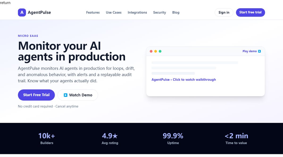 AgentPulse product homepage screenshot.