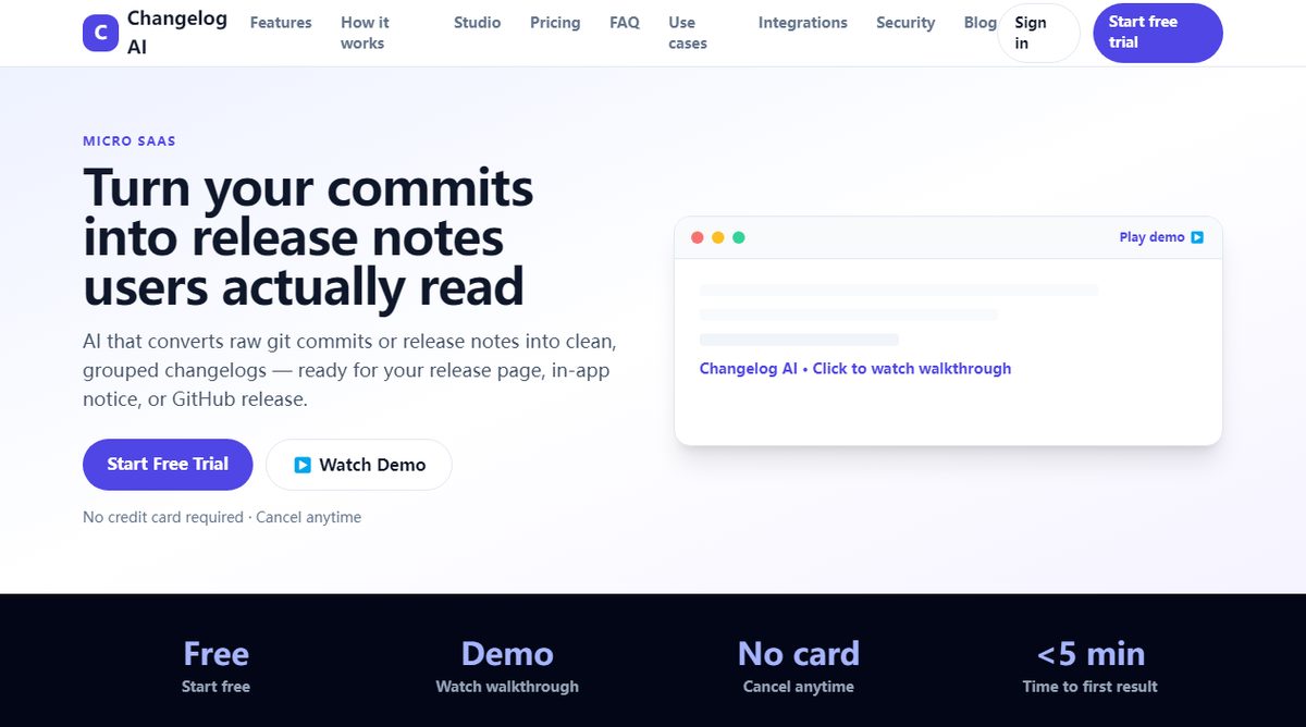 Changelog AI product homepage screenshot.