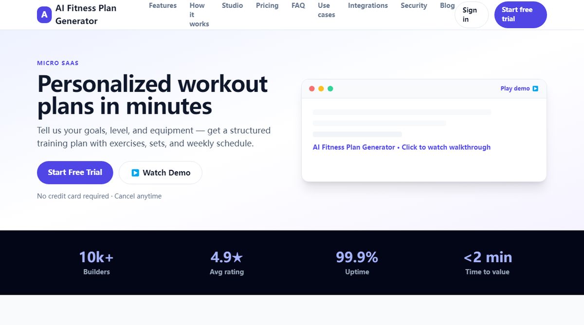 AI Fitness Plan Generator product homepage screenshot.
