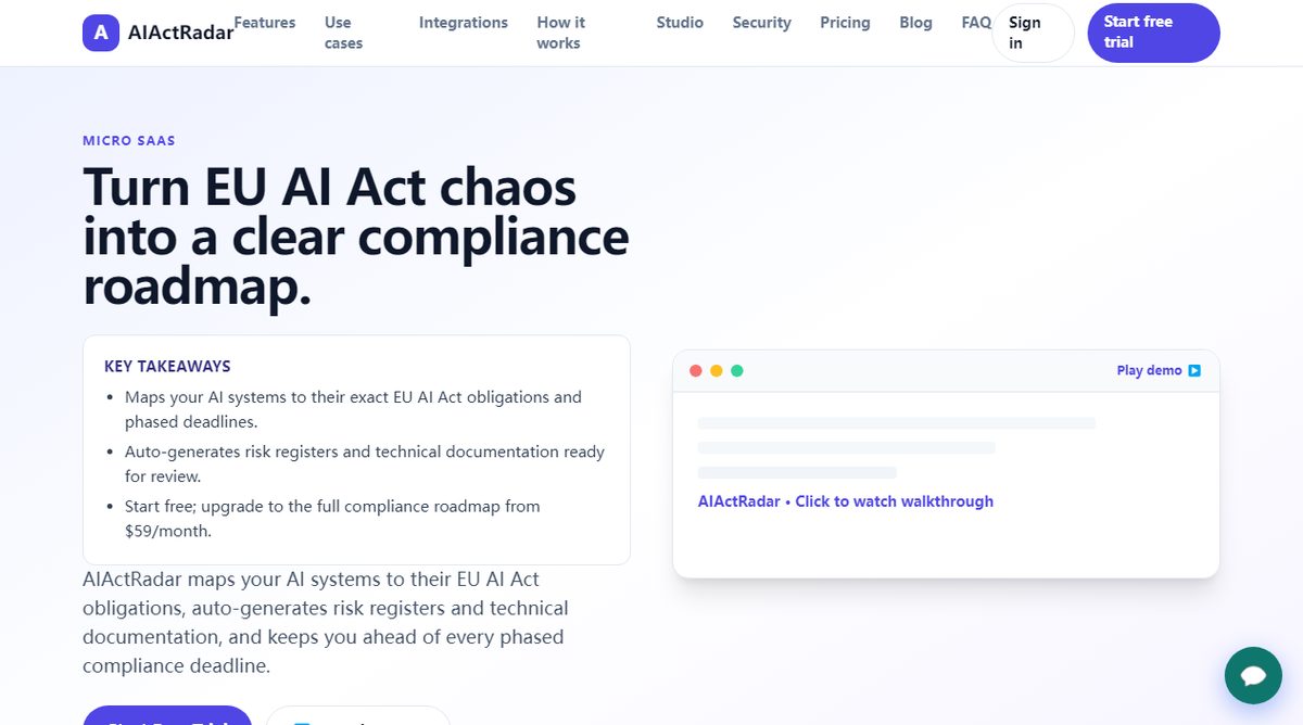 AIActRadar product homepage screenshot.