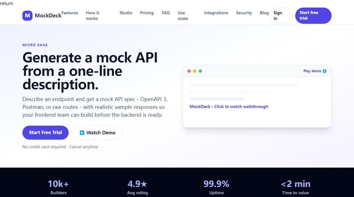 MockDeck product homepage screenshot.