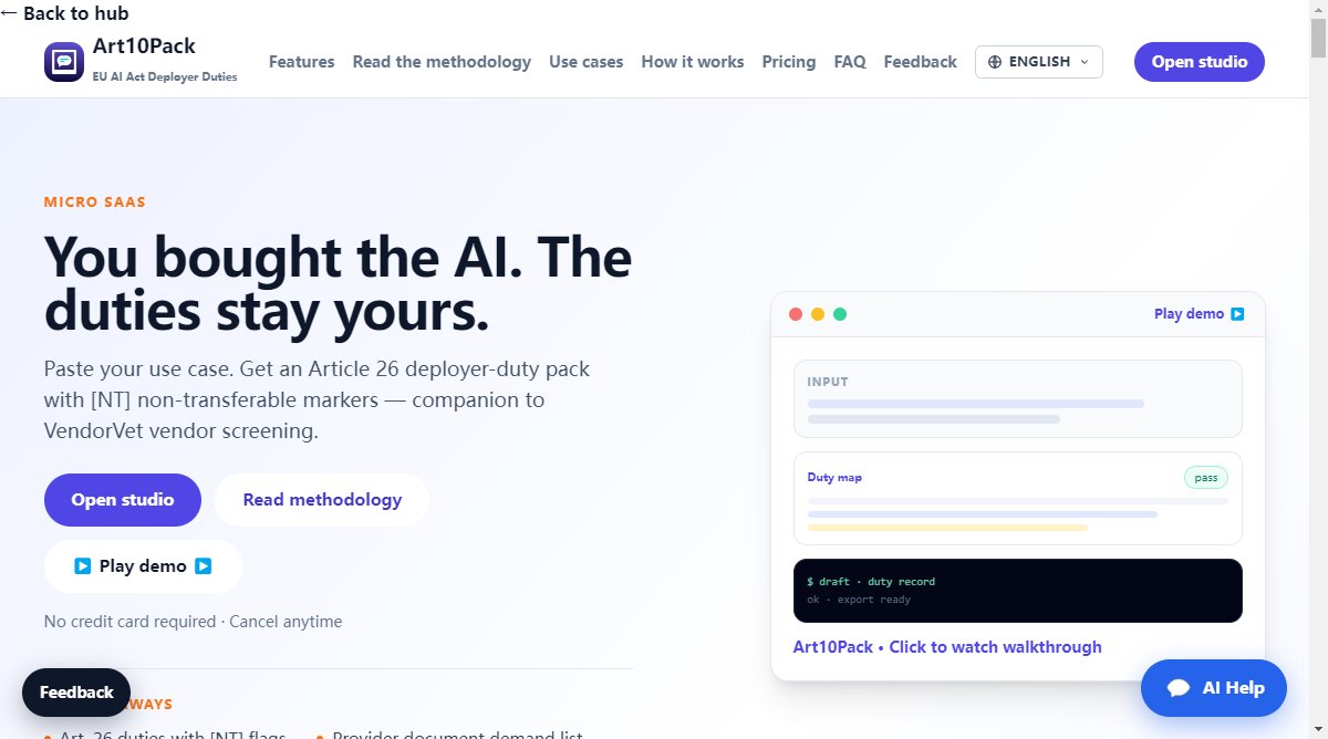 Art10Pack product homepage screenshot.