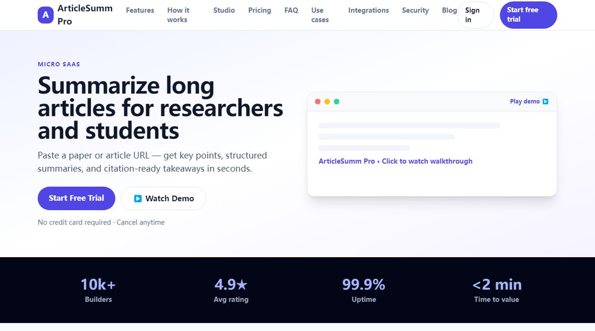 ArticleSumm Pro product homepage screenshot.