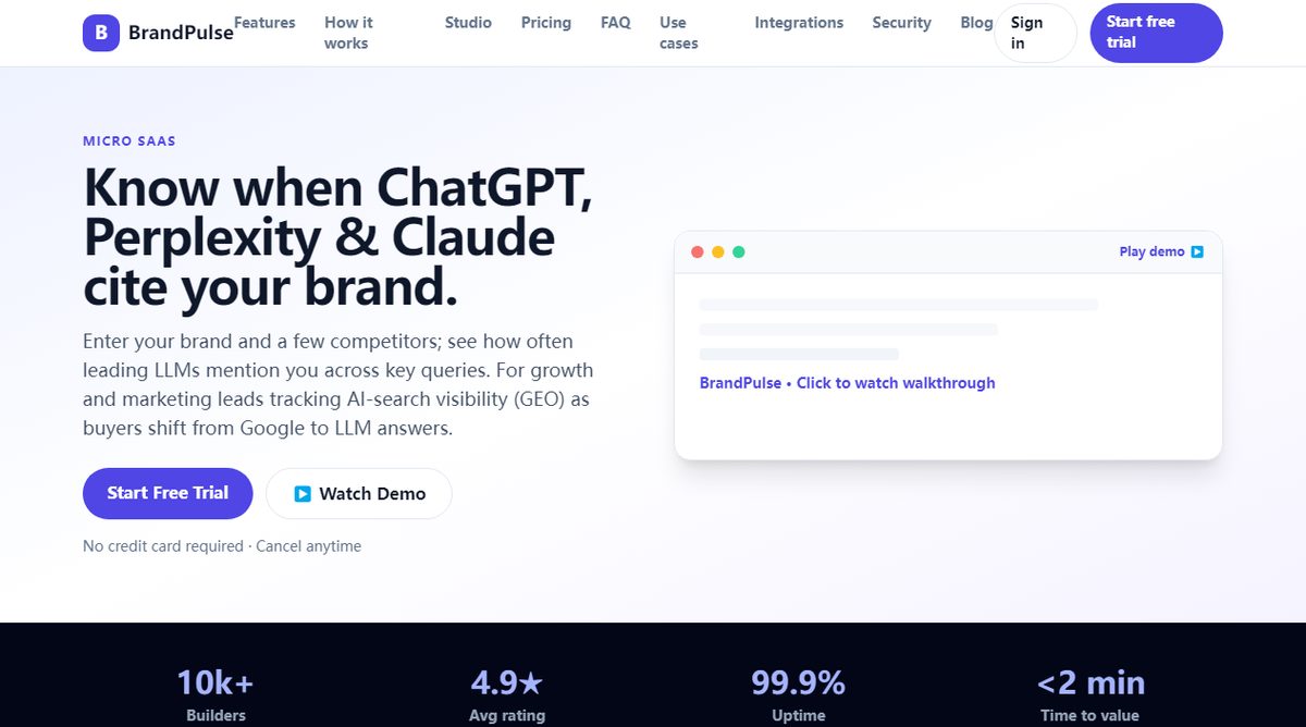 BrandPulse product homepage screenshot.