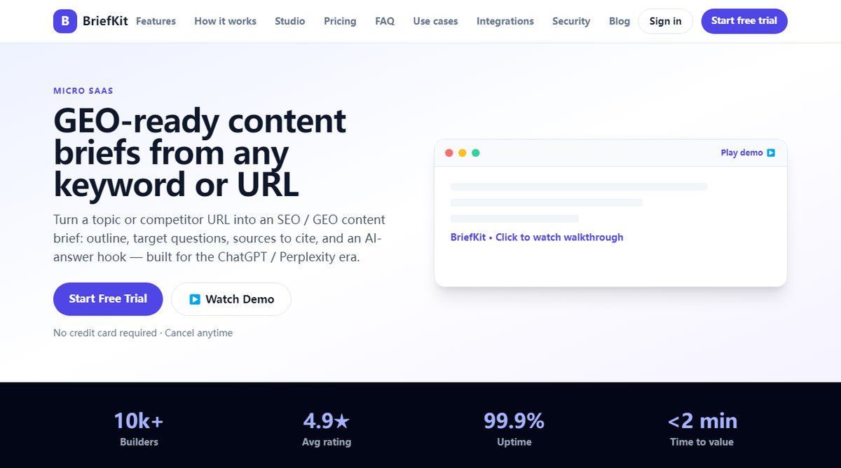 BriefKit product homepage screenshot.