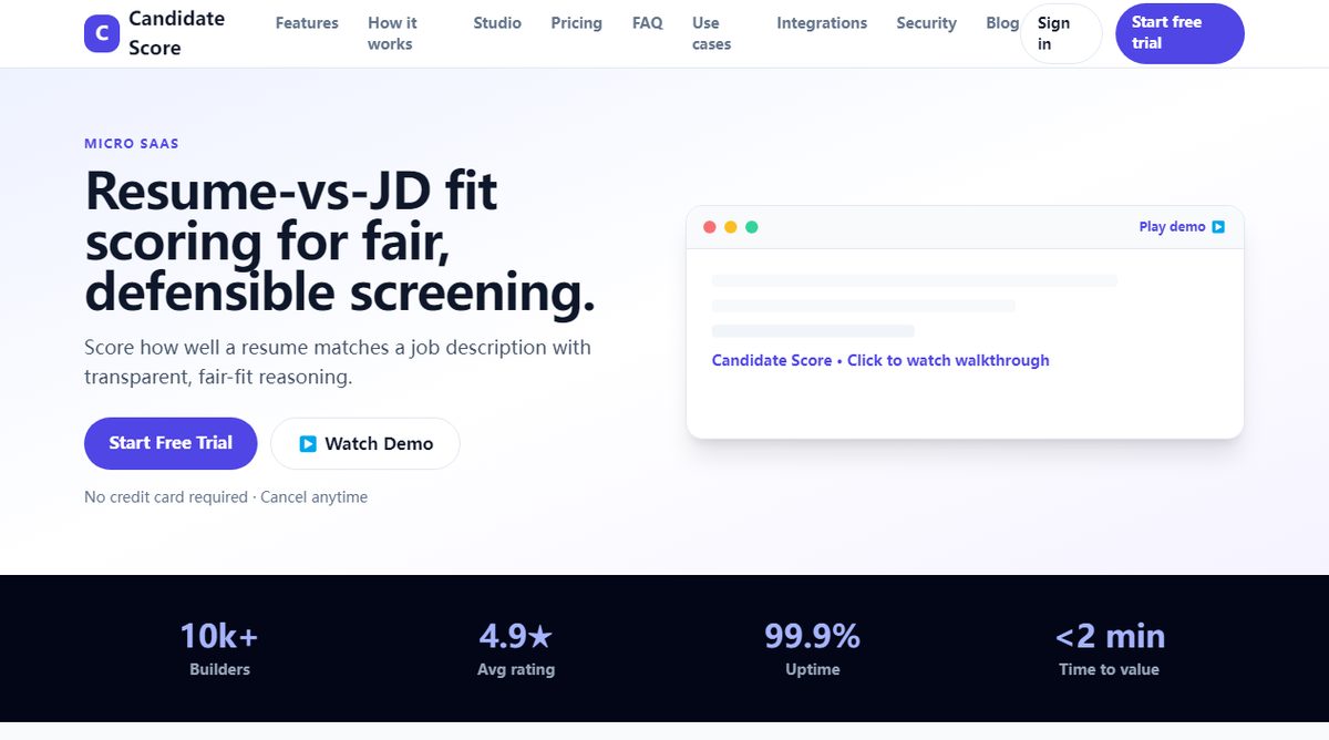 CandidateScore product homepage screenshot.