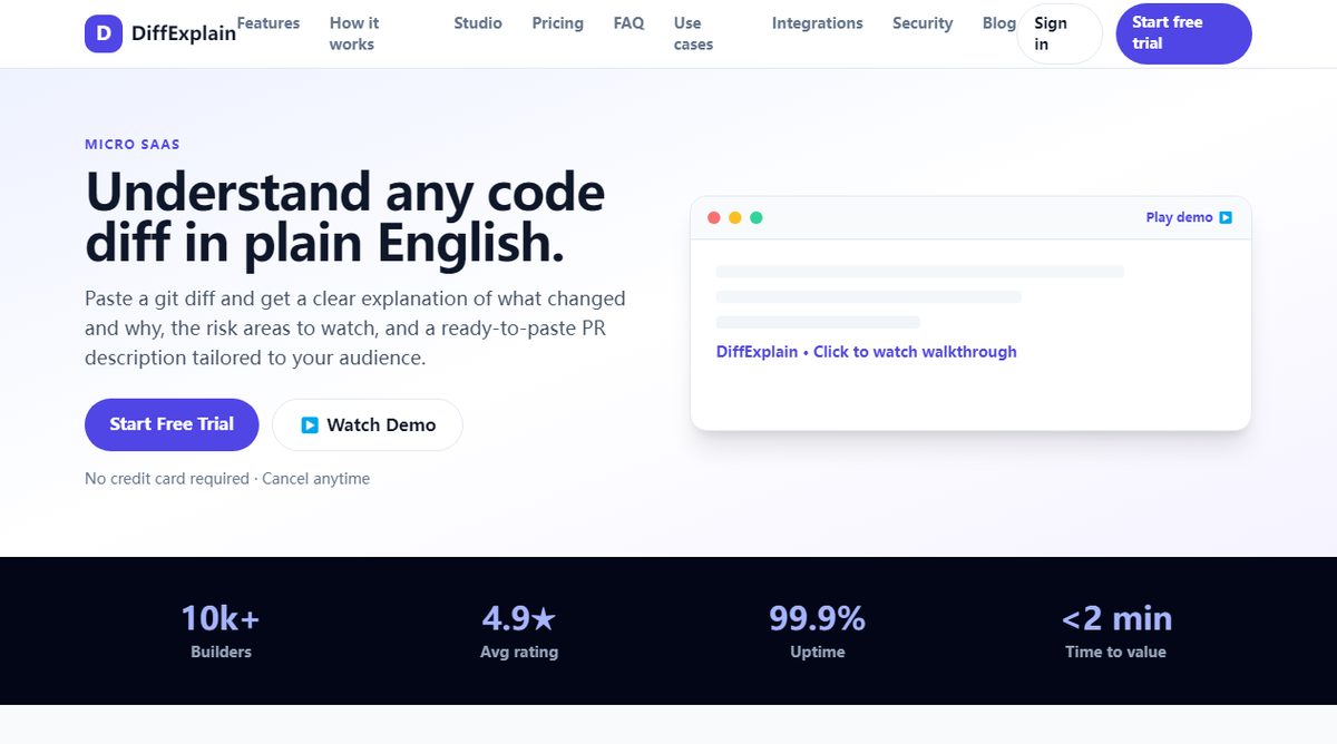 DiffExplain product homepage screenshot.