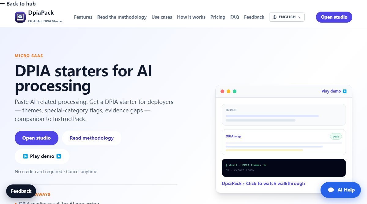 DpiaPack product homepage screenshot.