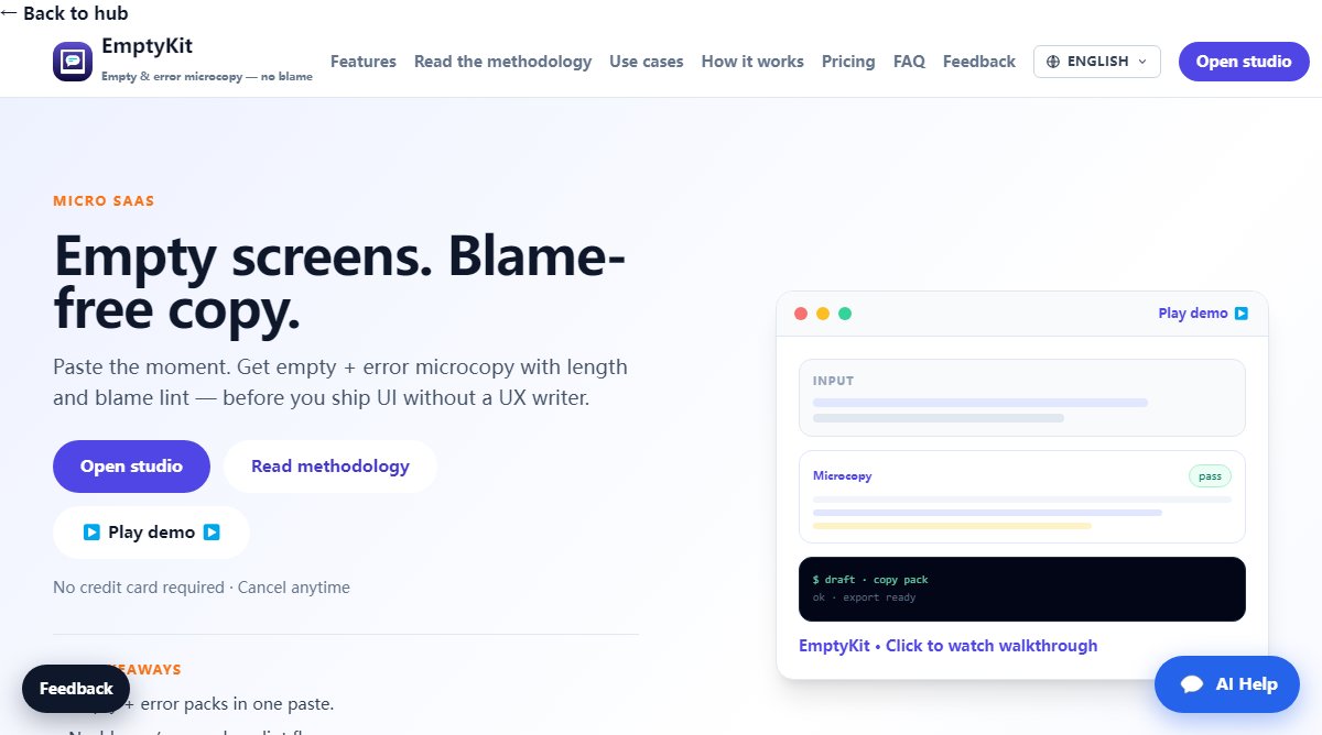 EmptyKit product homepage screenshot.
