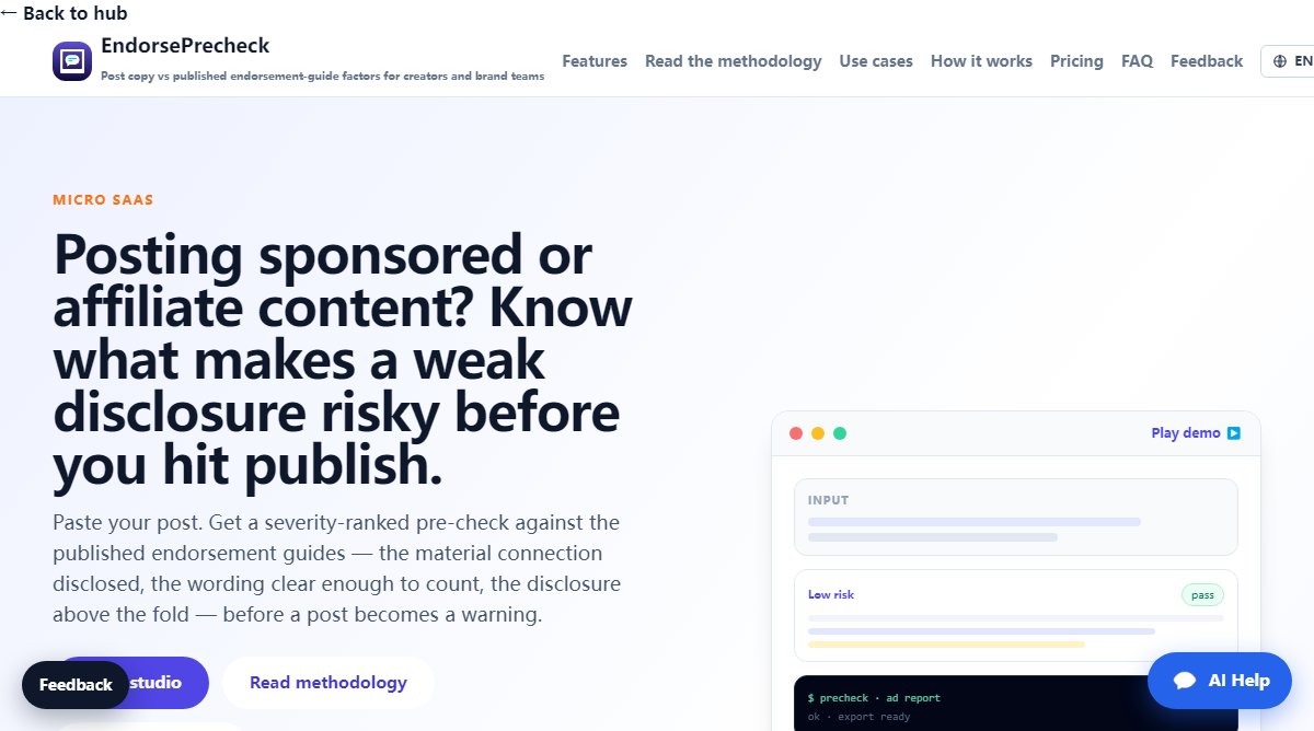 EndorsePrecheck product homepage screenshot.