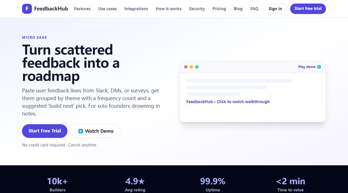 FeedbackHub product homepage screenshot.