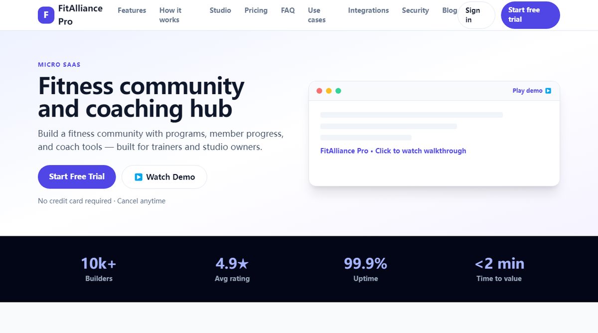 FitAlliance Pro product homepage screenshot.