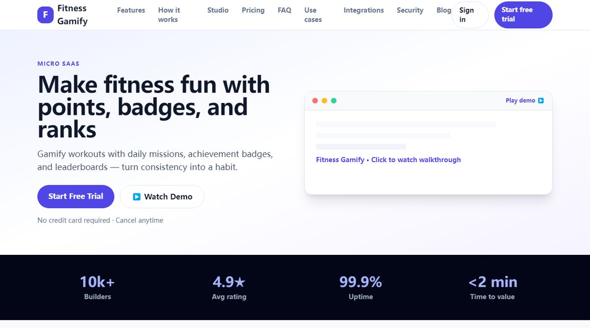 Fitness Gamify product homepage screenshot.