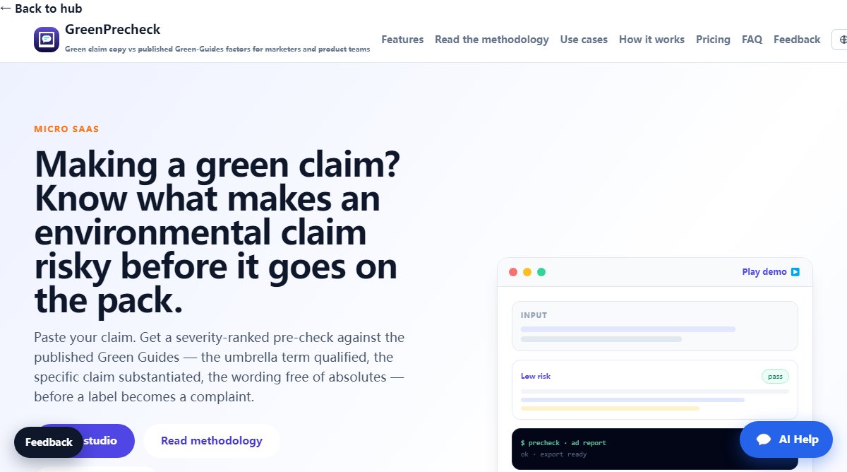 GreenPrecheck product homepage screenshot.