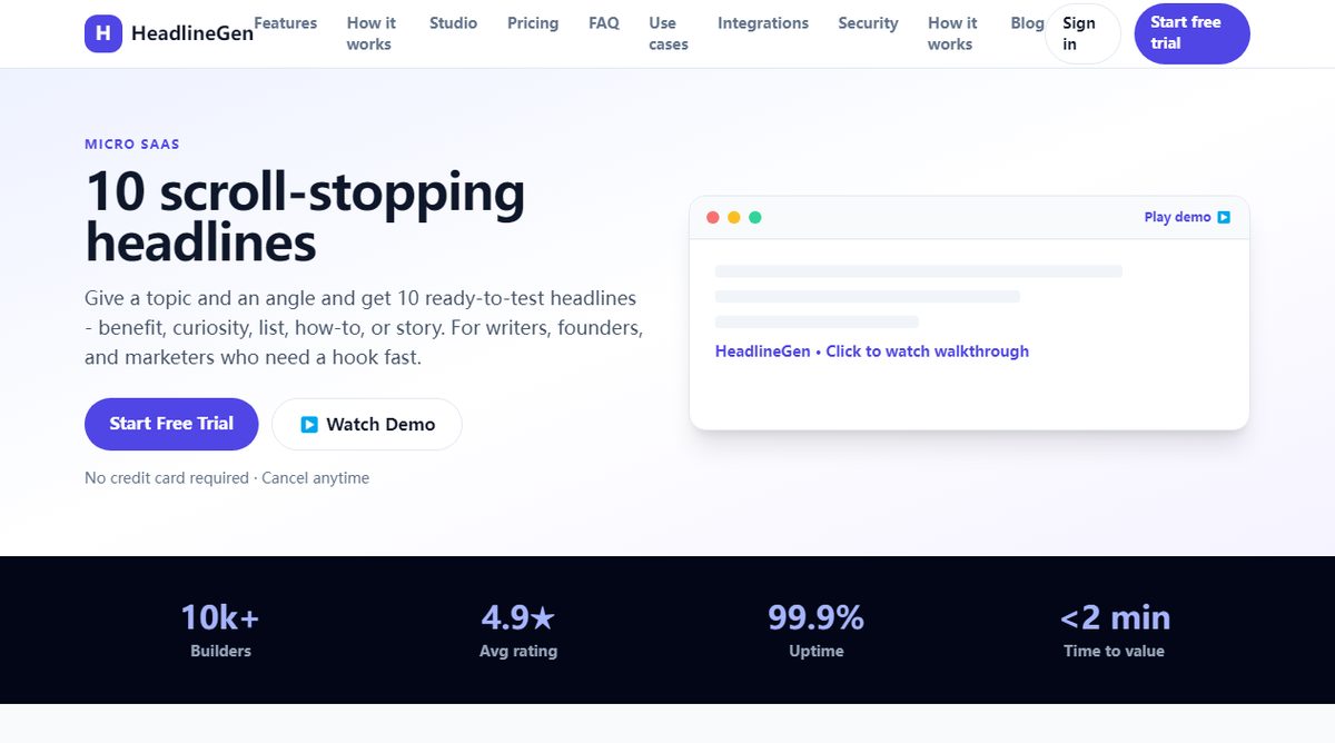 HeadlineGen product homepage screenshot.