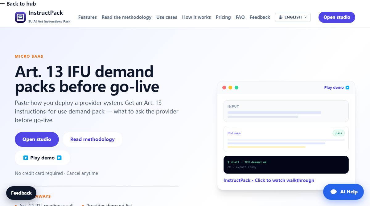 InstructPack product homepage screenshot.