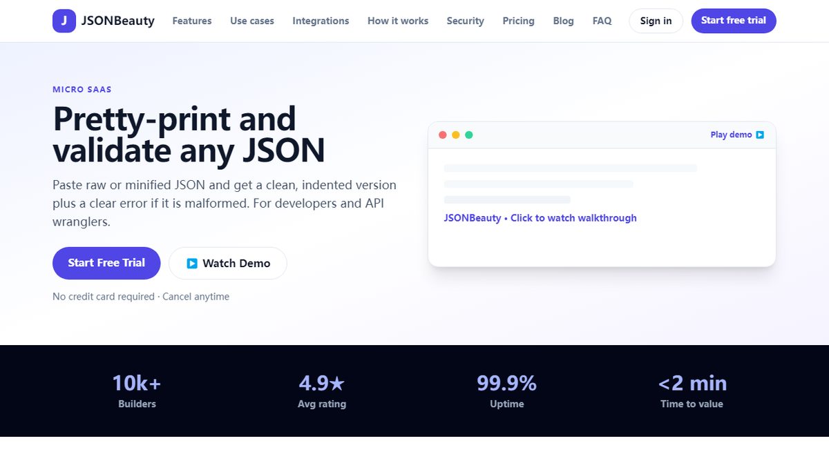 JSONBeauty product homepage screenshot.
