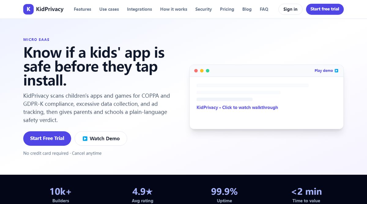 KidPrivacy product homepage screenshot.