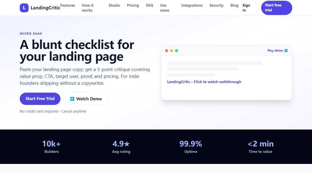 LandingCritic product homepage screenshot.