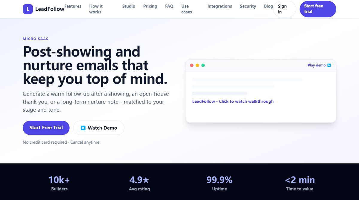 LeadFollow product homepage screenshot.