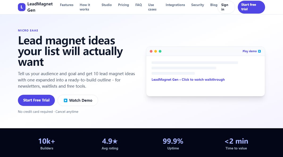 LeadMagnet Gen product homepage screenshot.