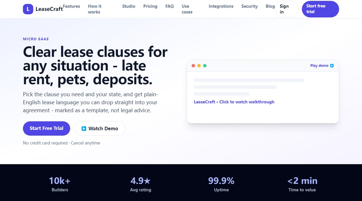 LeaseCraft product homepage screenshot.