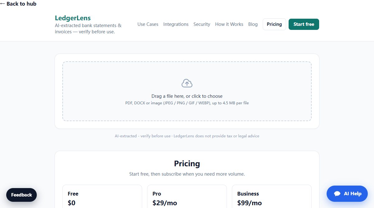 LedgerLens product homepage screenshot.