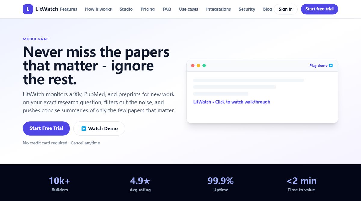 LitWatch product homepage screenshot.