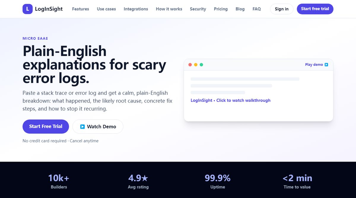 LogInSight product homepage screenshot.