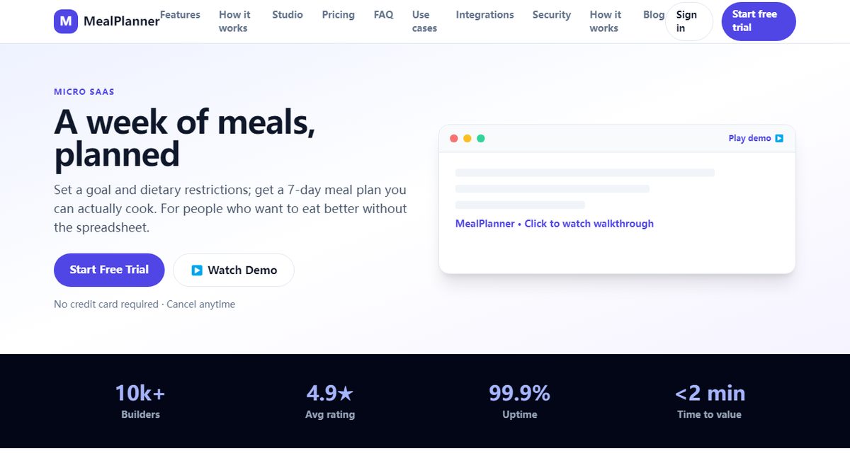 MealPlanner product homepage screenshot.