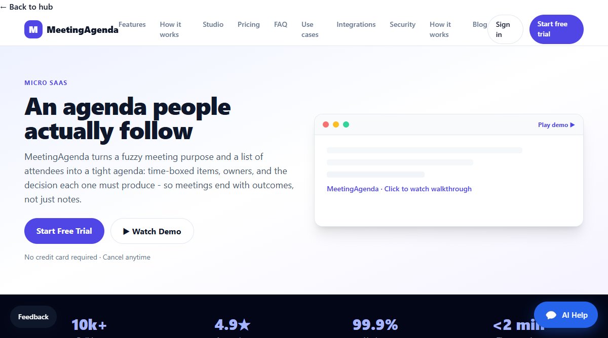 MeetingAgenda product homepage screenshot.