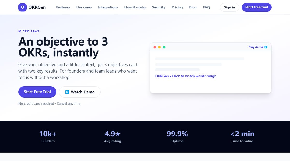 OKRGen product homepage screenshot.