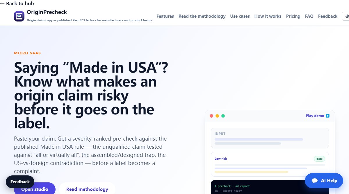 OriginPrecheck product homepage screenshot.