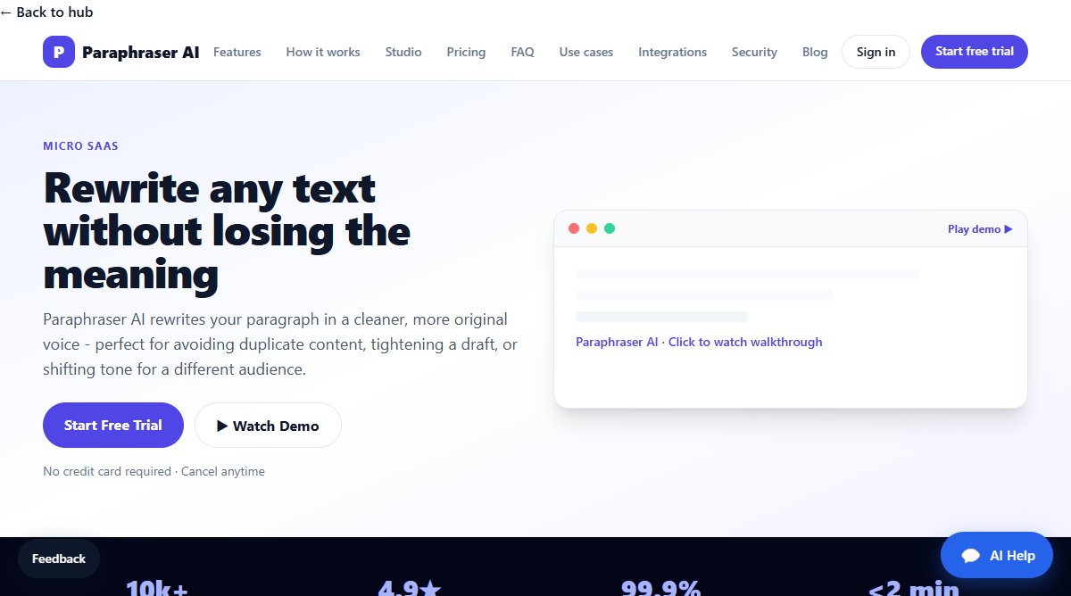 Paraphraser AI product homepage screenshot.