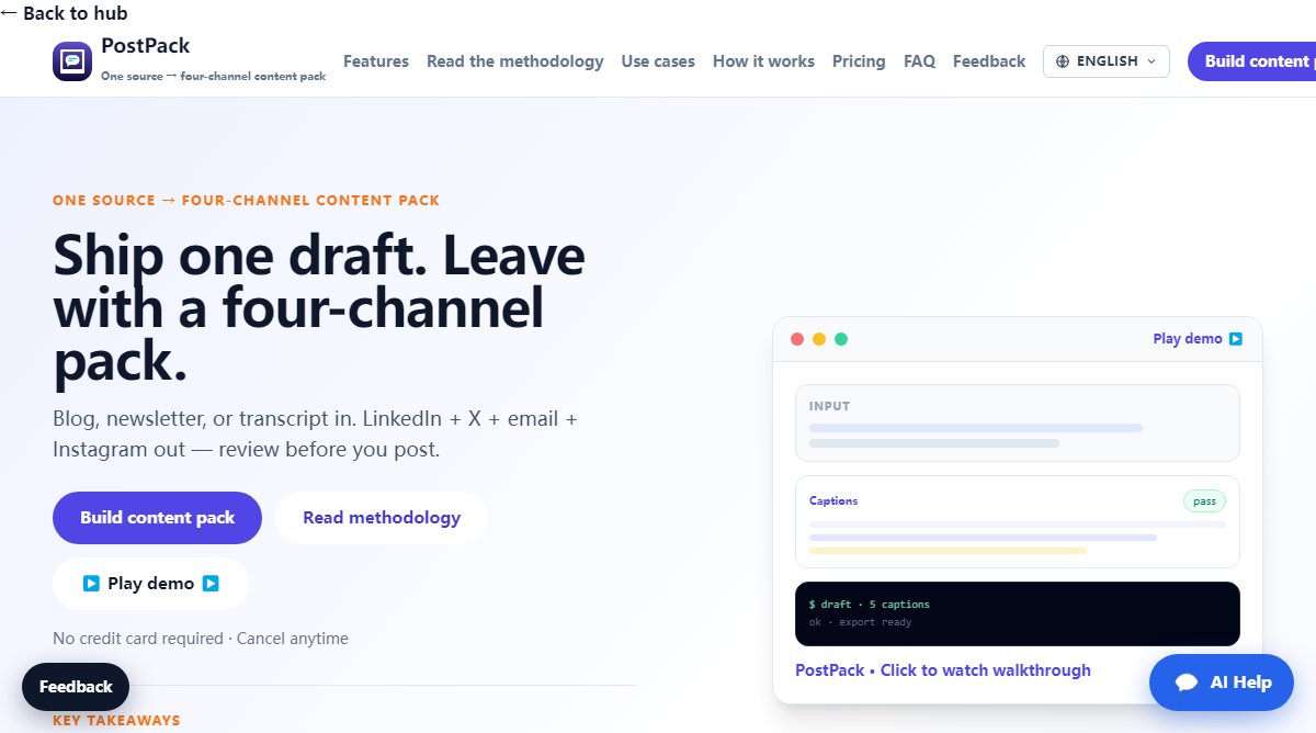 PostPack product homepage screenshot.