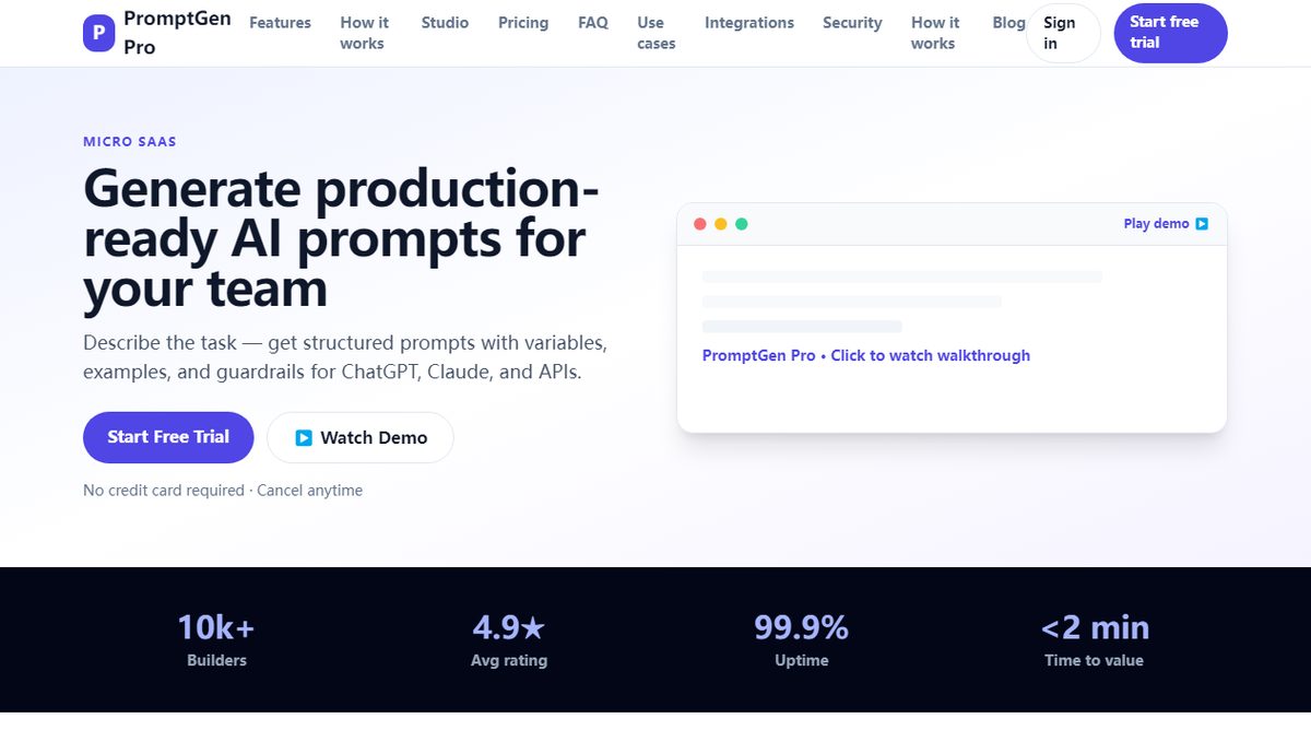 PromptGen Pro product homepage screenshot.