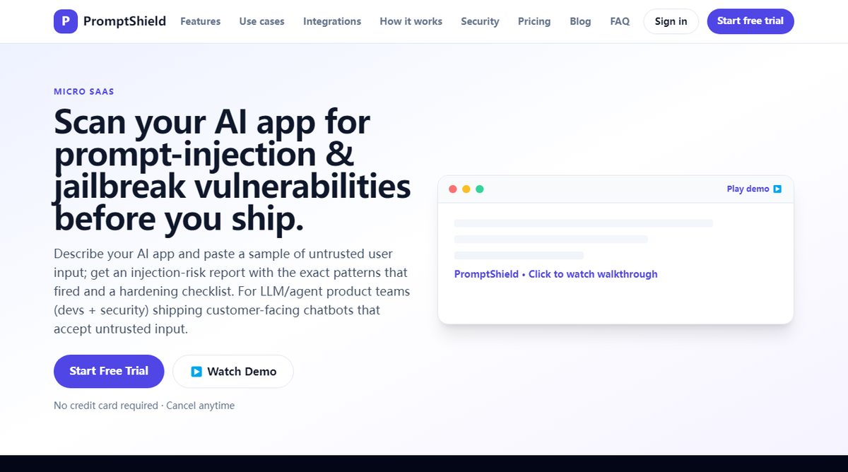 PromptShield product homepage screenshot.