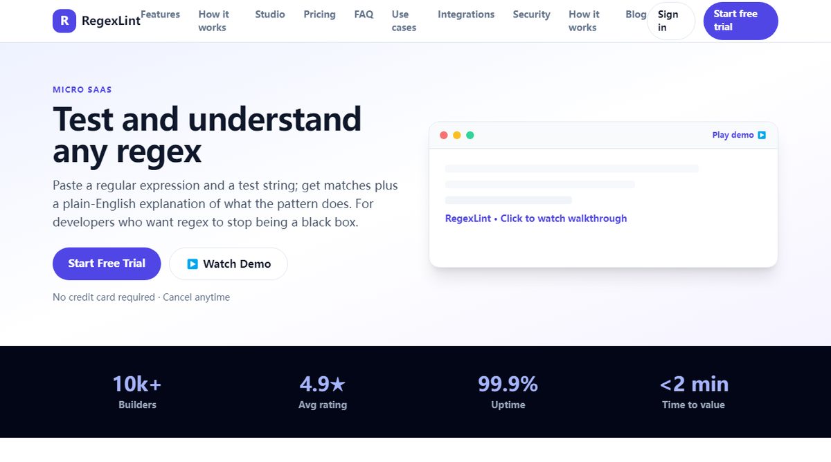 RegexLint product homepage screenshot.