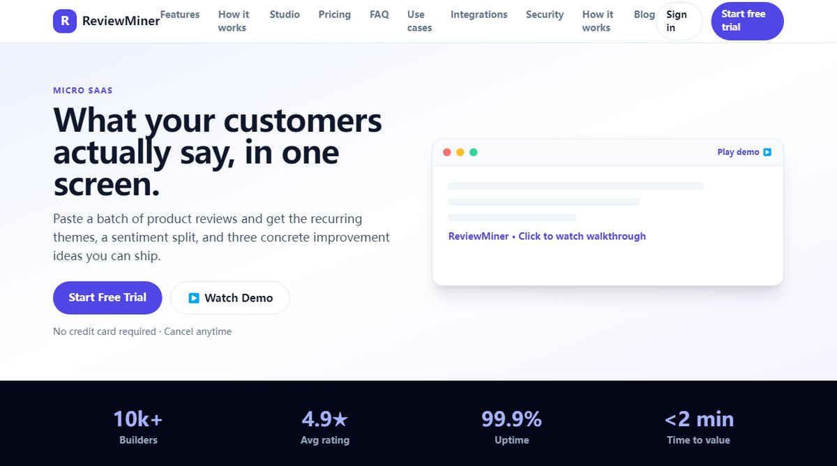 ReviewMiner product homepage screenshot.