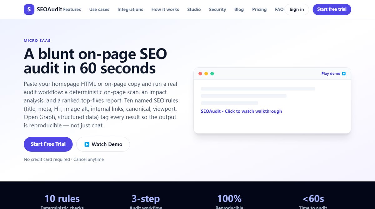 SEOAudit product homepage screenshot.