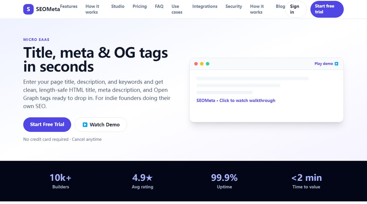 SEOMeta product homepage screenshot.
