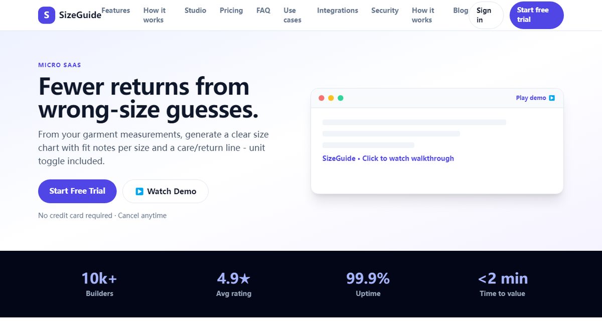 SizeGuide product homepage screenshot.