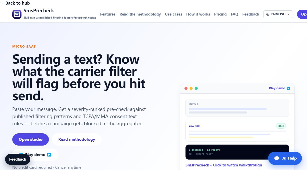 SmsPrecheck product homepage screenshot.