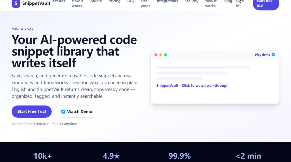 SnippetVault product homepage screenshot.