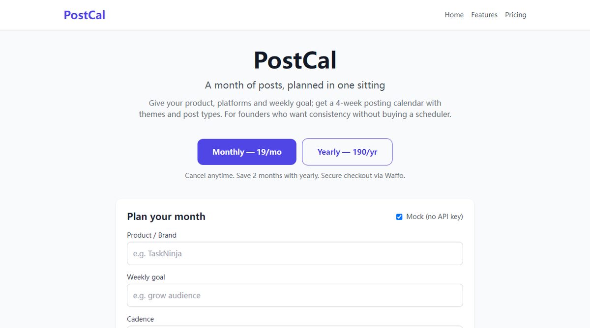 PostCal product homepage screenshot.