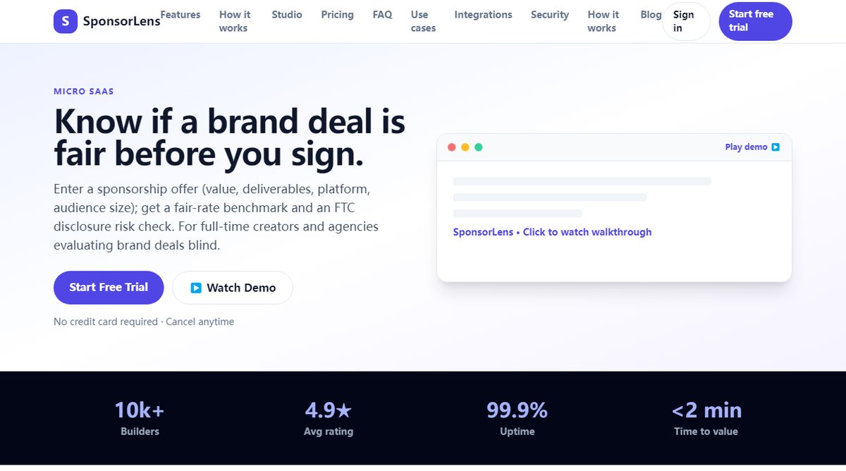 SponsorLens product homepage screenshot.