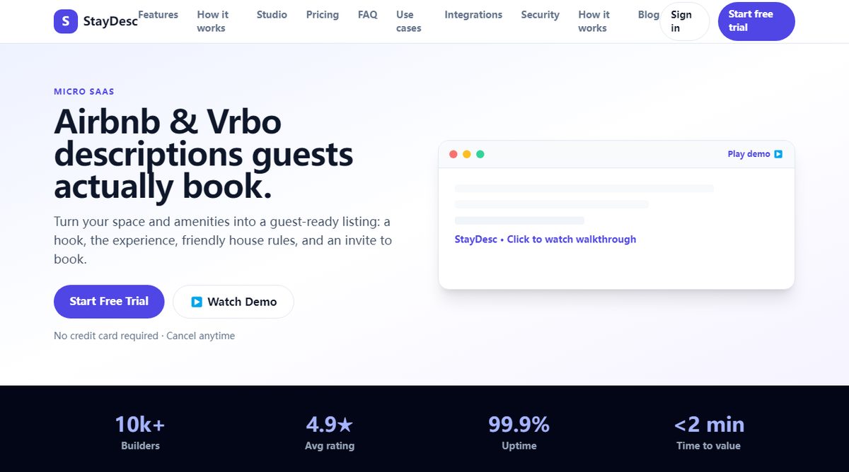 StayDesc product homepage screenshot.